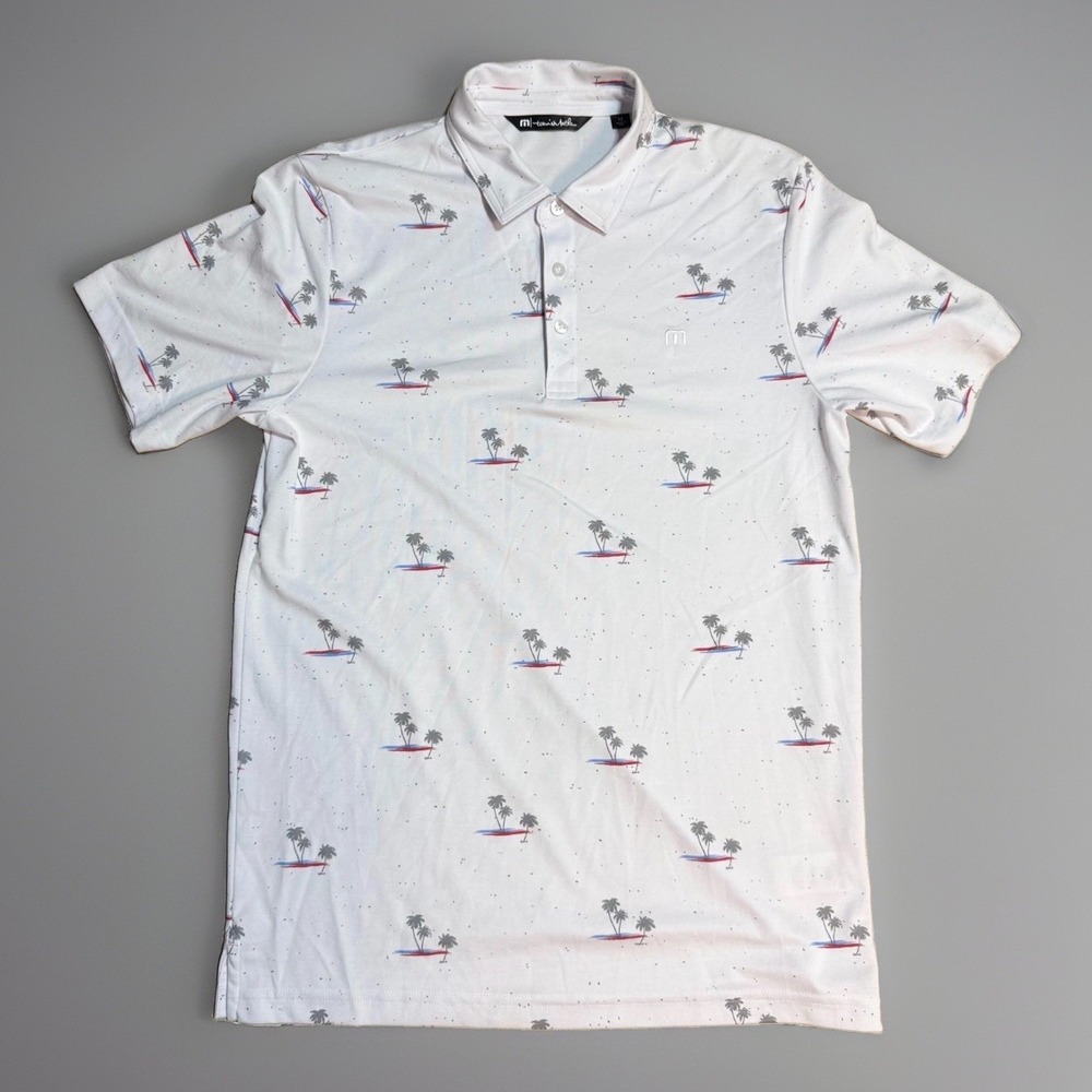 Travis Mathew Polo Shirt Mens M Palm Tree Tropical Golf Performance White Pique